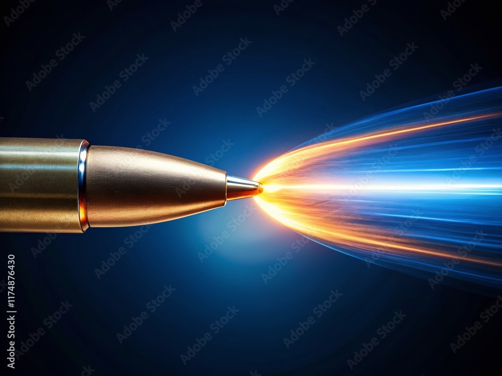 Fototapeta premium High-Speed Photo of Tracer Bullet in Flight, Streak of Light, Military Ammunition, Weaponry, Firearm Projectile