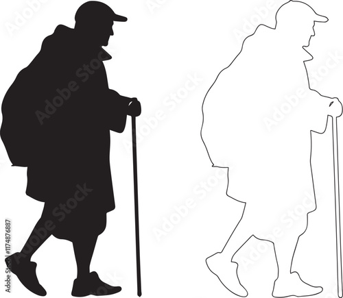 Silhouette of a beggar walking with a walking stick, beggar outline vector silhouette icon