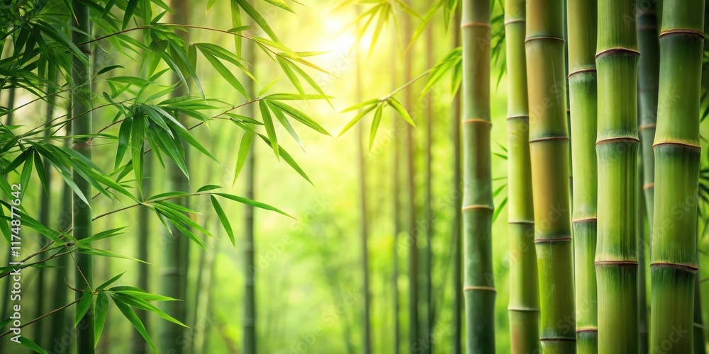 Fototapeta premium Serene Bamboo Forest Sunlight Dappled Through Lush Green Canopies, Tall Stalks, and Vibrant Foliage
