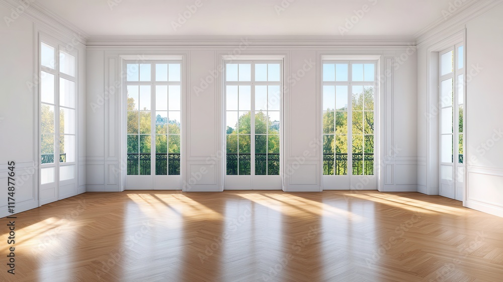 Obraz premium A 3D rendering of an empty room featuring elegant parquet flooring and soft, natural lighting.