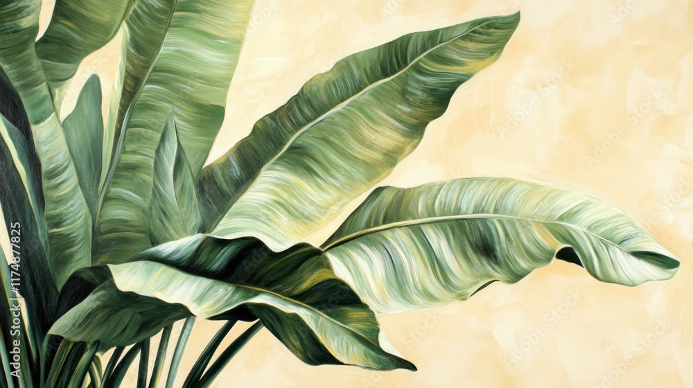 custom made wallpaper toronto digitalLush green bird of paradise leaves against a beige background.
