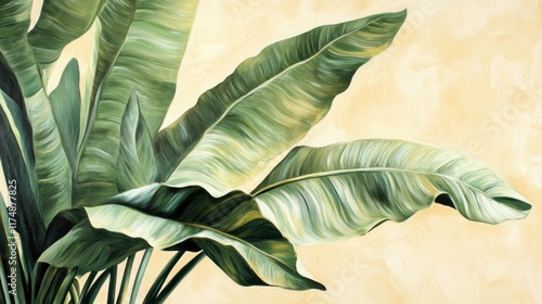 Wallpaper Mural Lush green bird of paradise leaves against a beige background. Torontodigital.ca