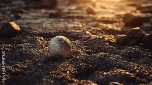 A shiny silver sphere rests on a textured rocky surface at sunset, creating a warm and dramatic atmosphere. photo