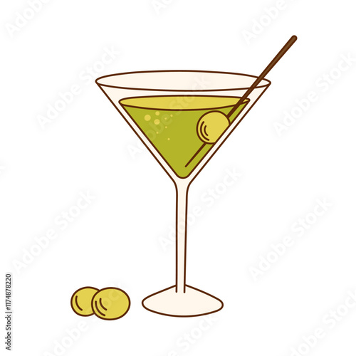 Cocktail, long drink glass for holiday celebrating. Use for decorating design festive menu. Hand-drawn doodle flat style. Editable stroke. Isolated. Vector illustration