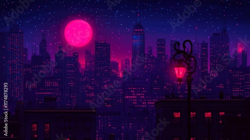 Wallpaper Mural Cyberpunk Cityscape at Night with a Crimson Moon and Glowing Buildings Torontodigital.ca