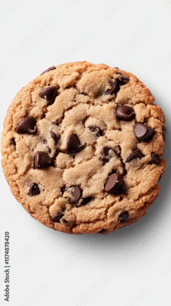 A delicious looking chocolate chip cookie is shown on a transparent background. The cookie is golden brown with scattered chocolate chips. A delicious looking chocolate chip cookie is shown on a transparent background. The cookie is golden brown with scattered chocolate chips.
