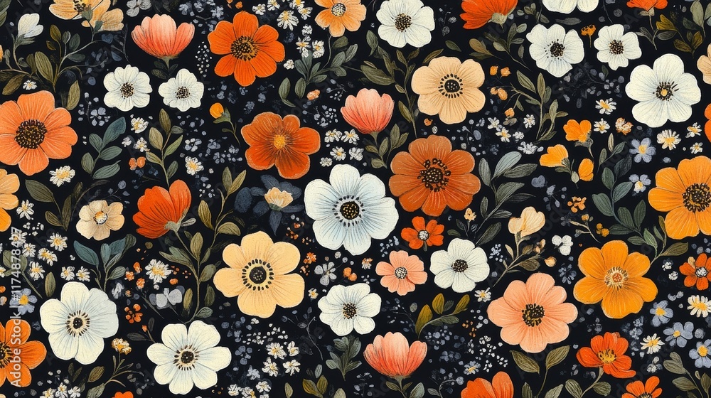Dark background floral print featuring orange, peach, and white flowers Dark background floral print featuring orange, peach, and white flowers