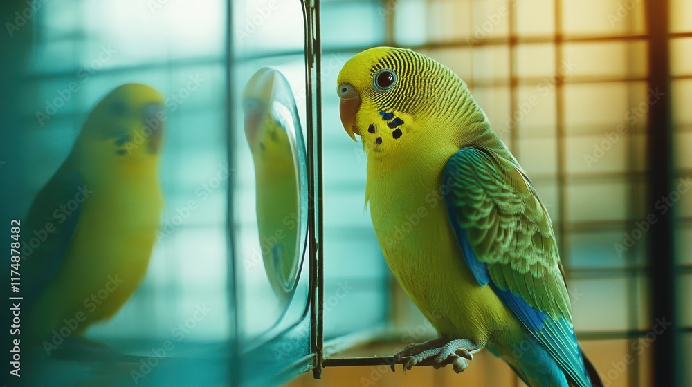 Obraz premium Colorful budgerigar parakeet sitting beside a mirror, displaying bright green and yellow feathers.