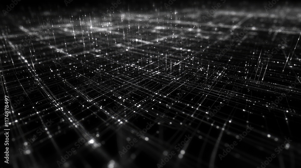 Abstract D network of digital lines and glowing points connected in a pattern, representing the future of technology networks.