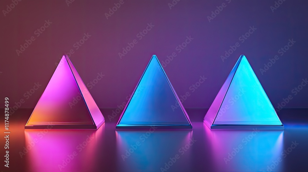 Abstract D pyramid shapes stacked in a symmetrical pattern, glowing in gradient hues of blue and purple. Abstract D pyramid shapes stacked in a symmetrical pattern, glowing in gradient hues of blue and purple.