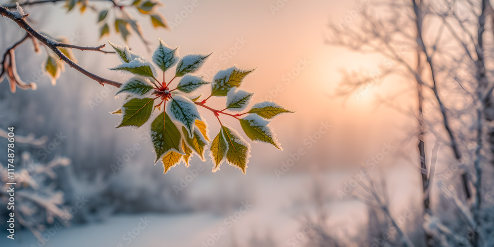 Early spring leaves with hoarfrost and winter snow in sunset light. Beautiful artistic nature closeup with blurred forest landscape, trees, sunlight misty view. Peaceful calm natural plants outdoors Early spring leaves with hoarfrost and winter snow in sunset light. Beautiful artistic nature closeup with blurred forest landscape, trees, sunlight misty view. Peaceful calm natural plants outdoors