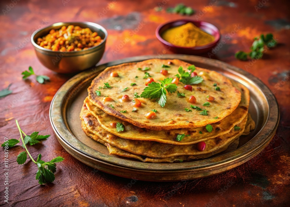 Delicious Chana Dal Stuffed Paratha on Copper Plate - Indian Food Photography Delicious Chana Dal Stuffed Paratha on Copper Plate - Indian Food Photography