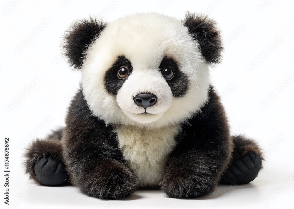 Fototapeta premium Hyperrealistic Soft Plush Panda Toy on White Background - Studio Shot