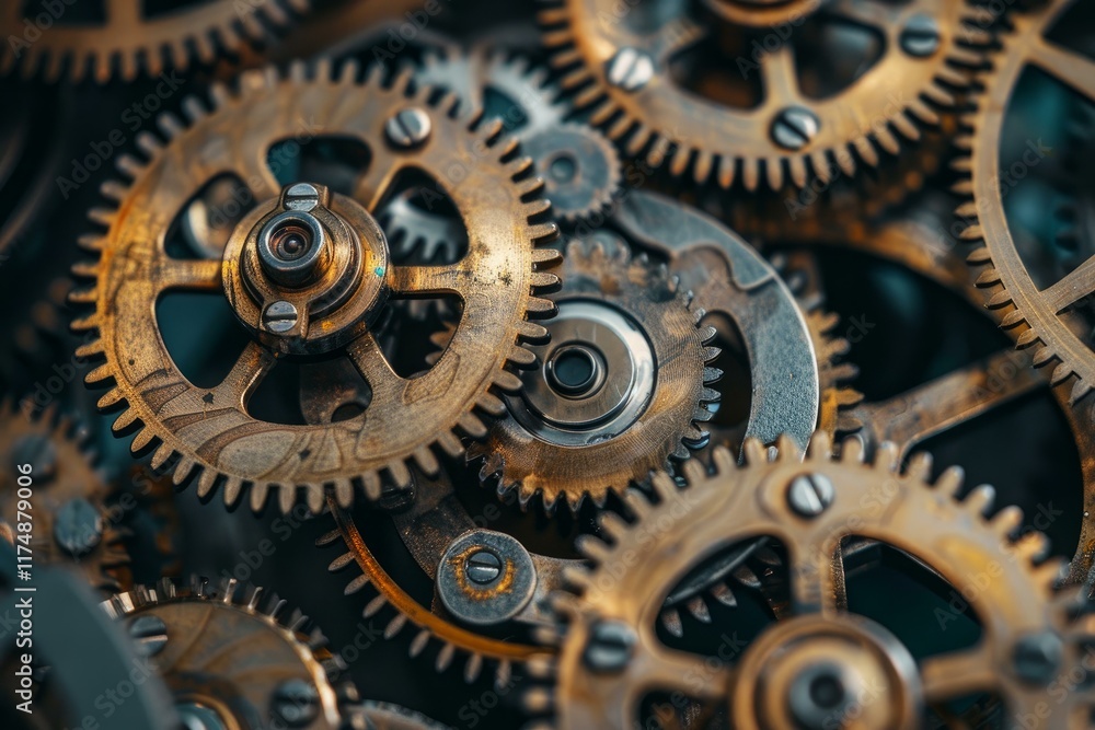 Close view of old metallic gears meshing together to form a machine Close view of old metallic gears meshing together to form a machine