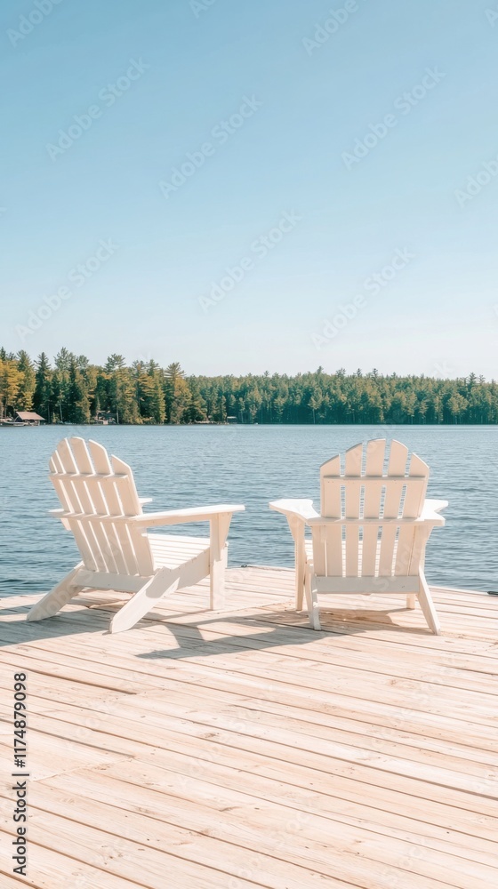 Two empty Adirondack chairs on a wooden deck overlook a tranquil lake at sunrise, surrounded by trees under a clear blue sky.