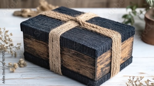 Rustic Wooden Gift Box with Denim and Jute photo