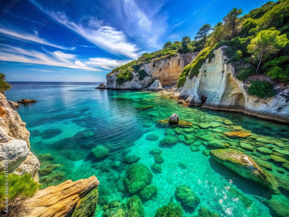 Obraz premium Idyllic Greek Island Seascape: Turquoise Waters & Coastal Cliffs