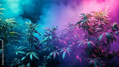 Wallpaper Mural Vibrant cannabis plants illuminated by colored smoke in a creative setting at night Torontodigital.ca