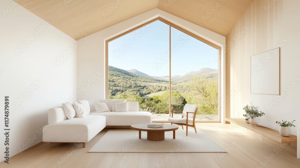 Fototapeta premium Cozy Nordic-Inspired Living Room Featuring a White Sofa and Warm Wooden Flooring