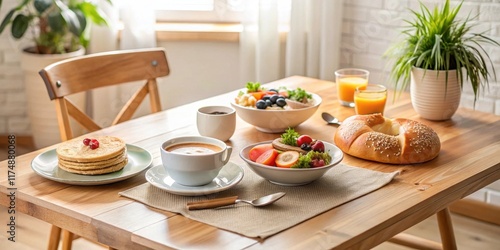 Wallpaper Mural A delightful breakfast scene featuring a table laden with pastries, fruit salad, cereal, coffee, and juice, all set against a bright, sunlit window Torontodigital.ca