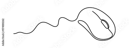 Computer optical mouse tool one line art,hand drawn input office device,idea laptop internet work drawing continuous contour.Online earning concept,minimalistic art drawing.Isolated.Editable stroke.