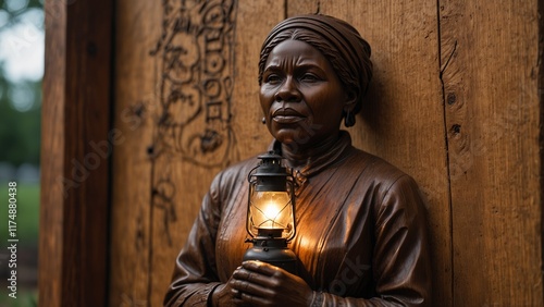 A serene wooden carving of Harriet Tubman, depicted with a lantern in hand, surrounded by carved underground railroads, chains, and freedom symbols.