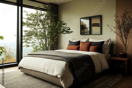 modern bedroom with earthy tones and sleek furniture