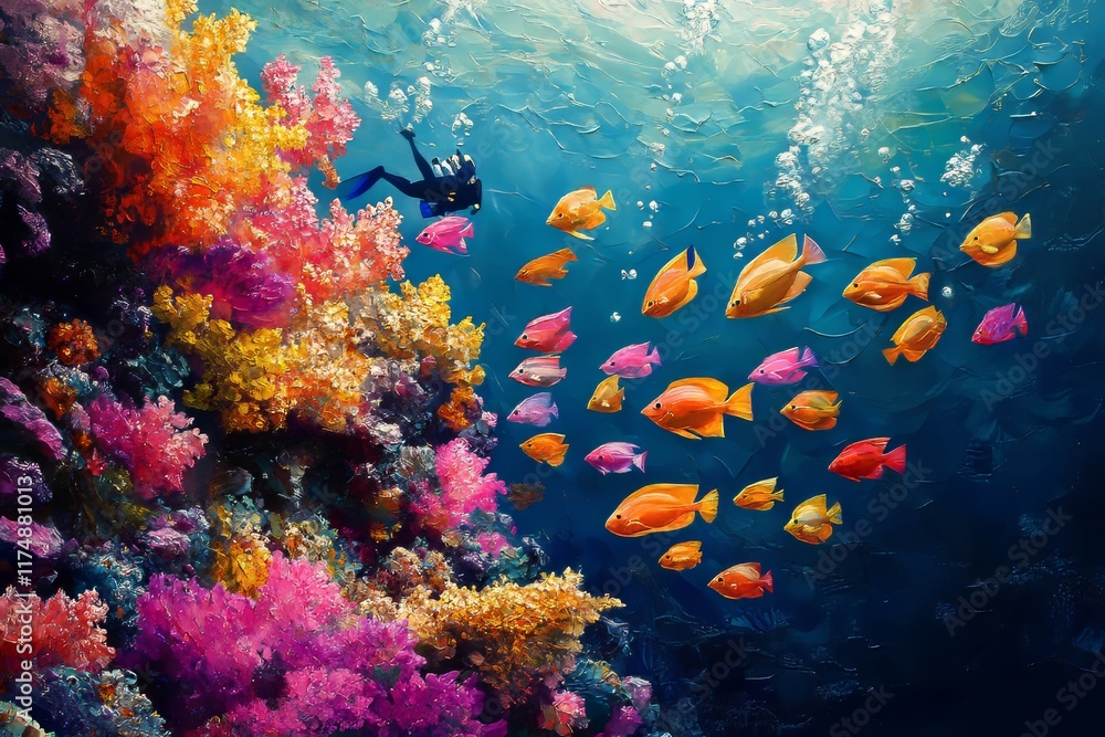 Naklejka premium A scuba diver exploring a vibrant coral reef teeming with colorful fish. Generative AI