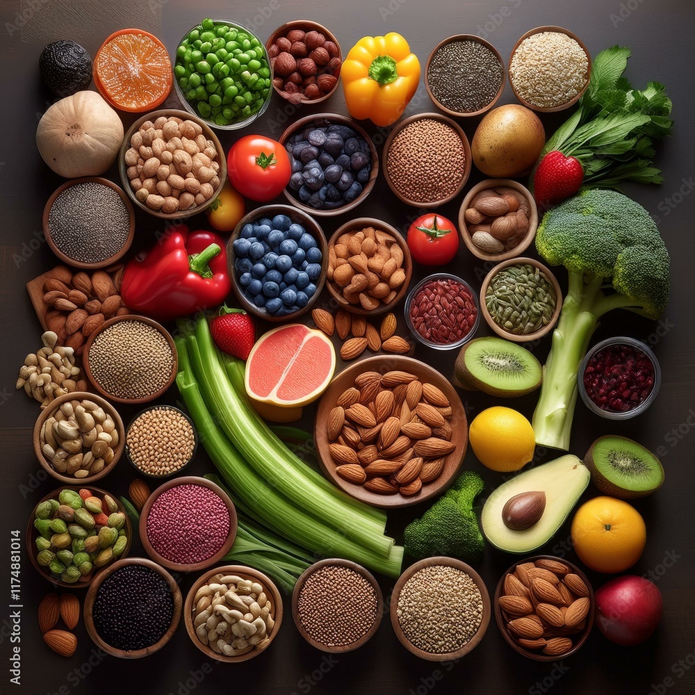 A healthy food selection featuring a variety of fresh fruits, vegetables, nuts, seeds, and superfoods, offering a balanced and nutritious diet A healthy food selection featuring a variety of fresh fruits, vegetables, nuts, seeds, and superfoods, offering a balanced and nutritious diet