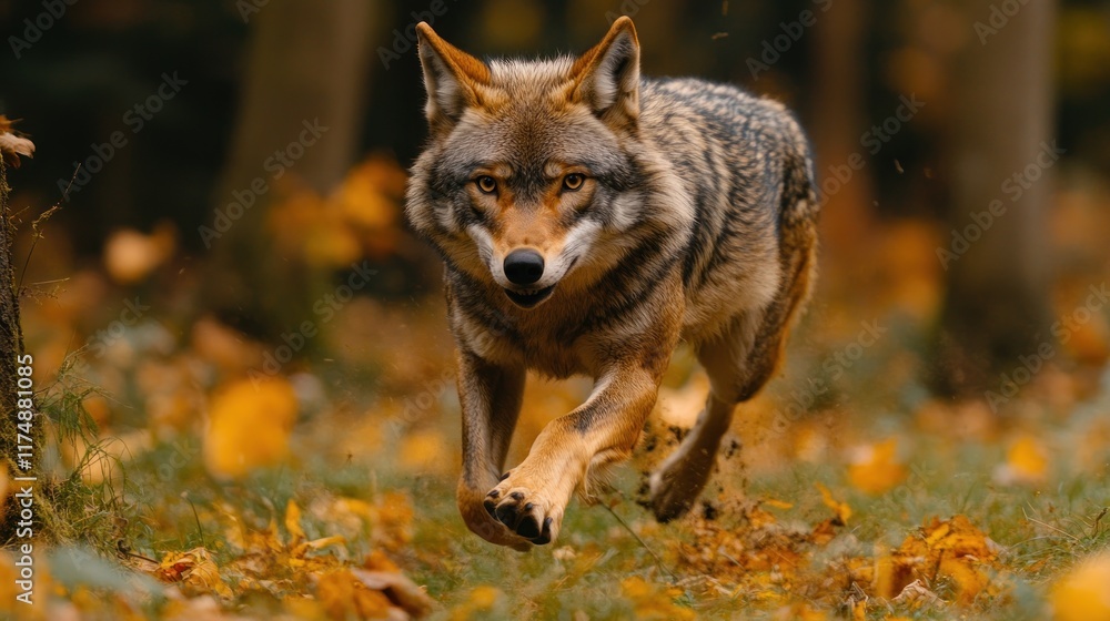 Fototapeta premium A wolf running through an autumn forest, showcasing its agility and natural beauty.