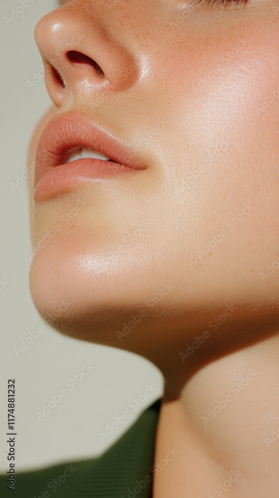 Obraz premium Close-up of a woman's smooth, radiant skin and soft lips, exuding elegance and tranquility with a warm, natural glow.