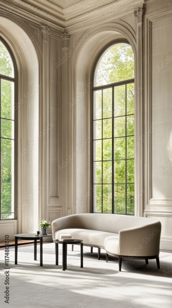 Fototapeta premium A sleek, modern living room with designer furniture and large, arched windows illuminated by natural light creating a serene atmosphere.