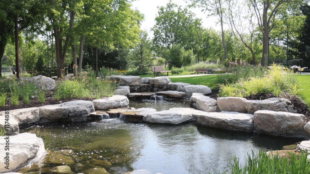 Serene Stone Waterfall and Pond in a Lush Green Park Serene Stone Waterfall and Pond in a Lush Green Park