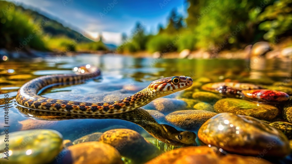 Obraz premium Dice Snake Underwater: Shallow River Bottom, Documentary Style
