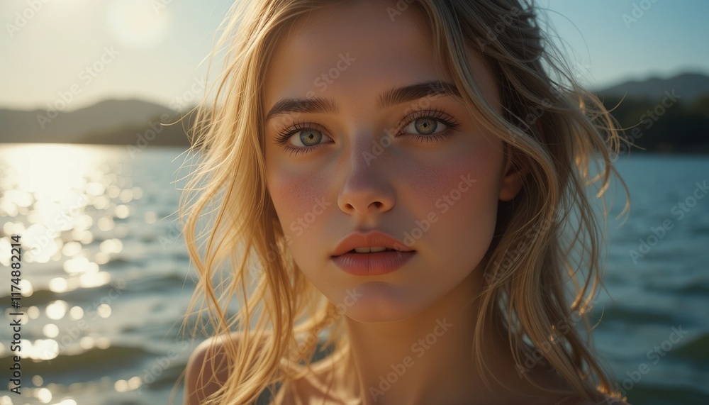 Golden Hour Beauty: A captivating portrait of a young woman with blonde hair and striking blue eyes, bathed in the warm glow of the setting sun by the lake. Golden Hour Beauty: A captivating portrait of a young woman with blonde hair and striking blue eyes, bathed in the warm glow of the setting sun by the lake.