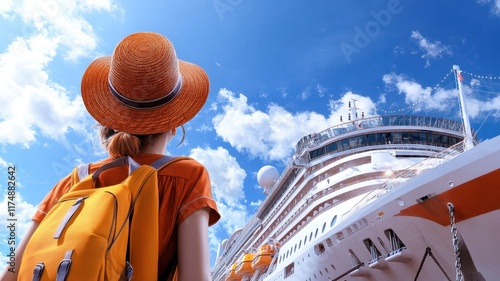 Stylish tourist girl with a backpack, ready for adventure and exploration in a vibrant city.