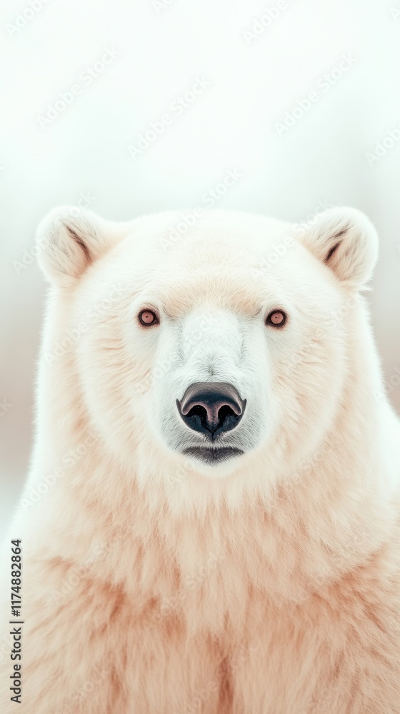 Fototapeta premium A polar bear gazes intently, standing on a detached ice block against a stark, icy backdrop.