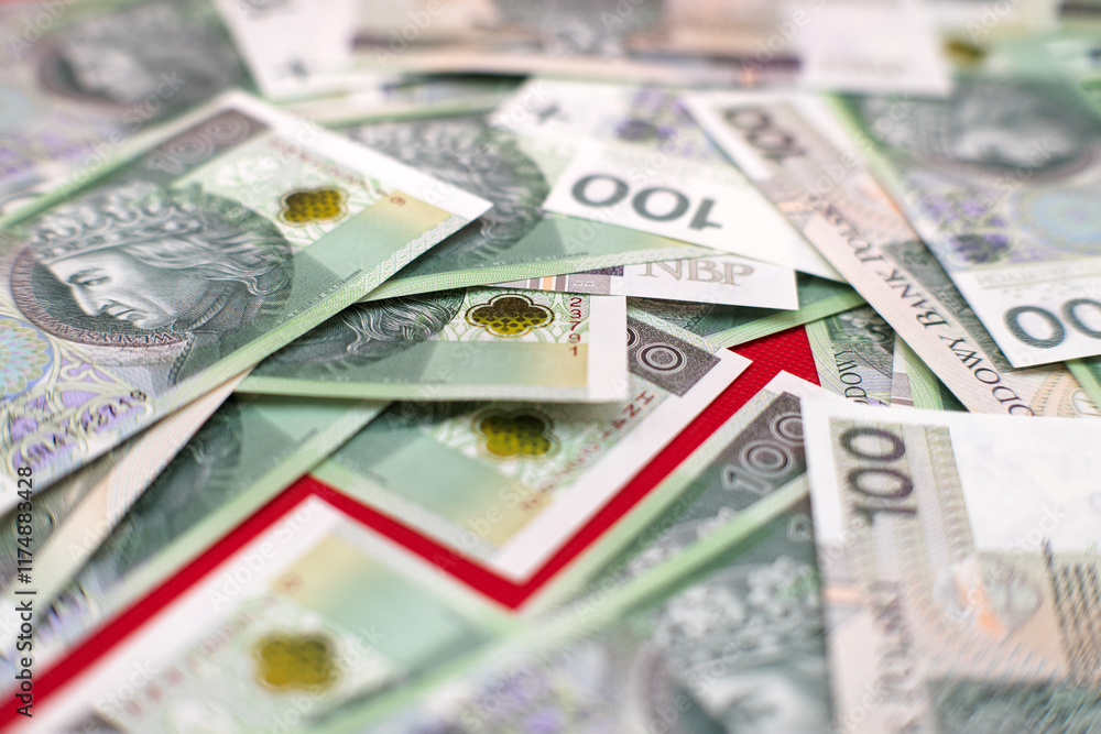 Value growth graphics. Red graph, Polish cash banknotes, one hundred zloty. Economics and business.
Value growth graphics. Red graph, Polish cash banknotes, one hundred zloty. Economics and business.