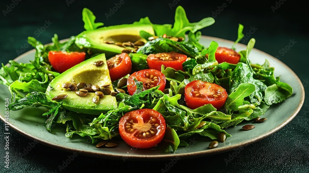 Fresh salad with avocado, tomatoes, and greens on a plate. Fresh salad with avocado, tomatoes, and greens on a plate.