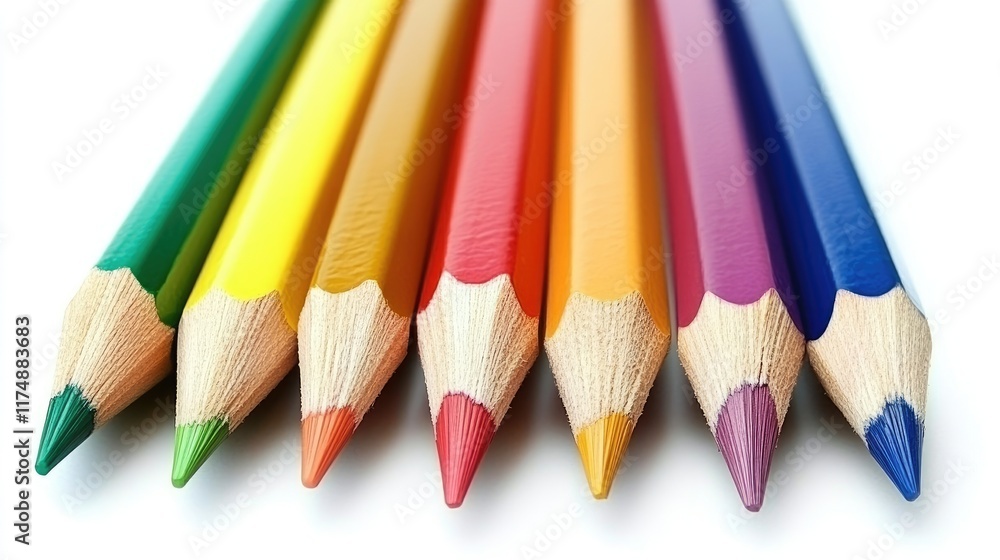 Close-up of colorful pencils arranged artistically on a white backdrop, leaving space for design. Close-up of colorful pencils arranged artistically on a white backdrop, leaving space for design.