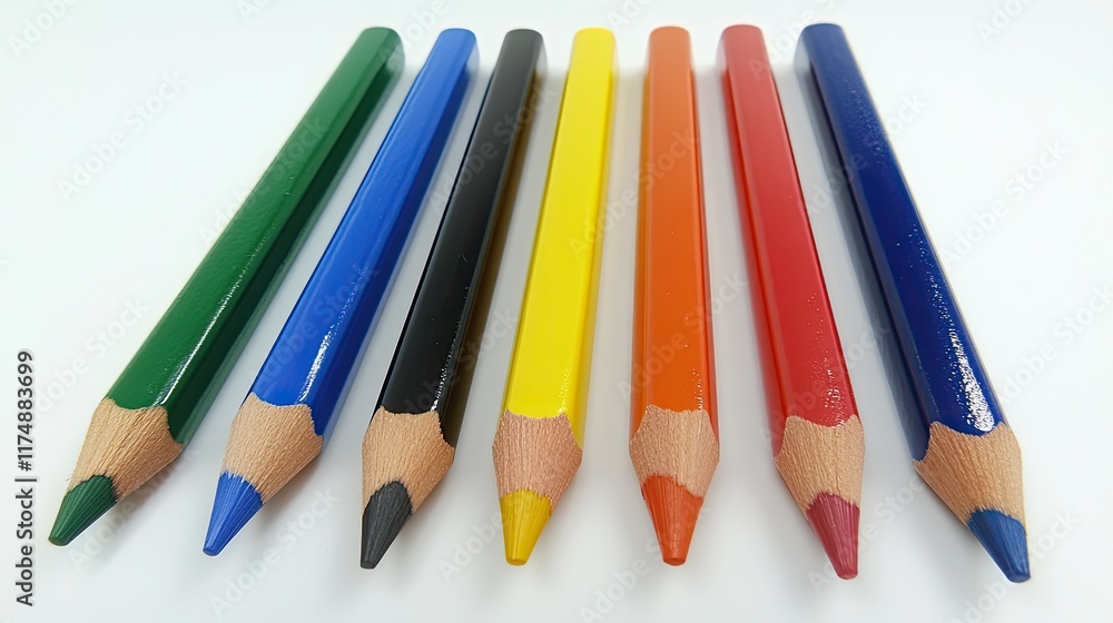 Close-up of colorful pencils arranged artistically on a white backdrop, leaving space for design. Close-up of colorful pencils arranged artistically on a white backdrop, leaving space for design.