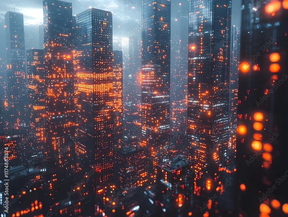 Fototapeta premium Futuristic Cityscape with Towering Glass Skyscrapers and Vibrant Neon Lights Illuminating the Skyline