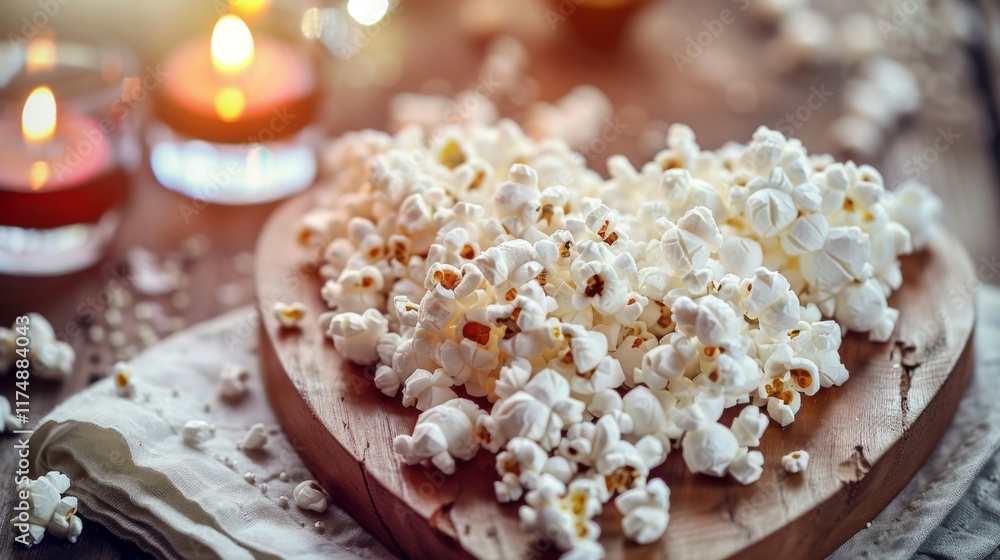 Heart-Shaped Popcorn on Rustic Wooden Board for Love and Festive Themes
Heart-Shaped Popcorn on Rustic Wooden Board for Love and Festive Themes