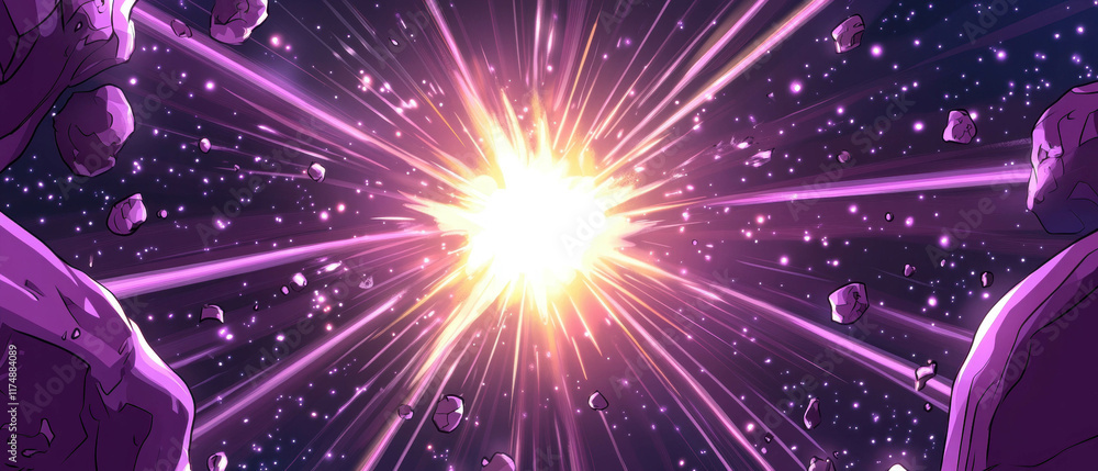 Obraz premium Bright pulsar radiating vibrant light beams in a cosmic cartoon landscape