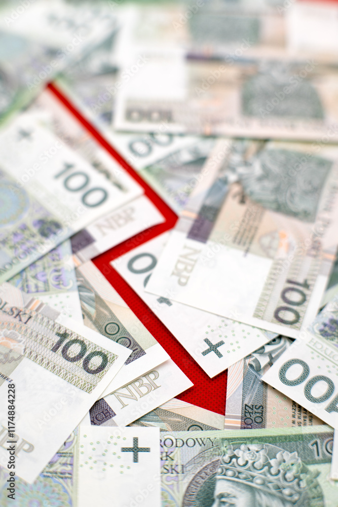Graph of depreciation. Red graph, Polish cash banknotes, one hundred zloty. Economics and business.
Graph of depreciation. Red graph, Polish cash banknotes, one hundred zloty. Economics and business.