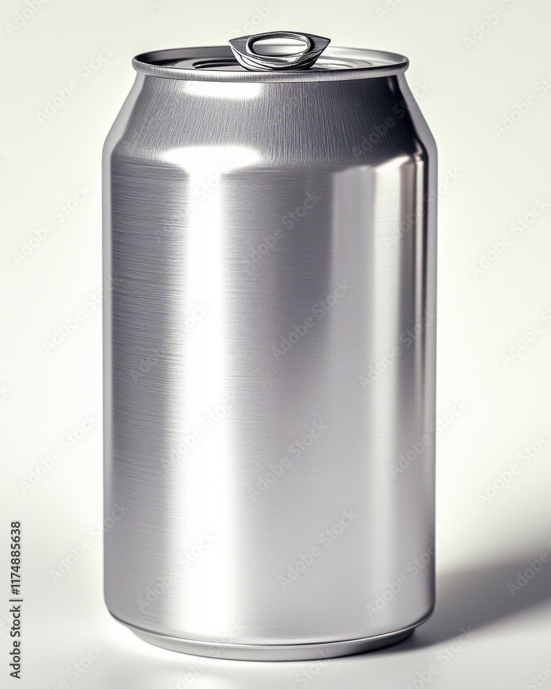 A clean, shiny aluminum soda can standing upright against a subtle backdrop. A clean, shiny aluminum soda can standing upright against a subtle backdrop.
