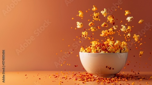Spicy popcorn flying with chili flakes in a white bowl against orange background perfect for dynamic snack promotions or fiery food visuals.
