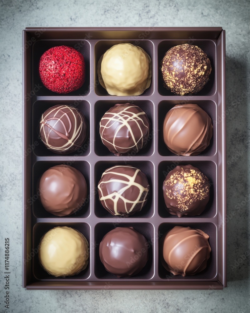 An assorted box of gourmet chocolates featuring various coatings and toppings, ideal for gifting. An assorted box of gourmet chocolates featuring various coatings and toppings, ideal for gifting.