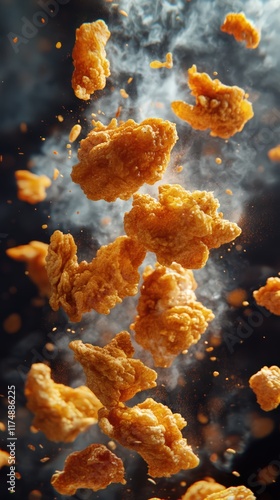 An artistic freeze-frame of golden crispy chicken pieces in mid-air, surrounded by smoke and motion effects, creating an explosion of snack flavors. photo