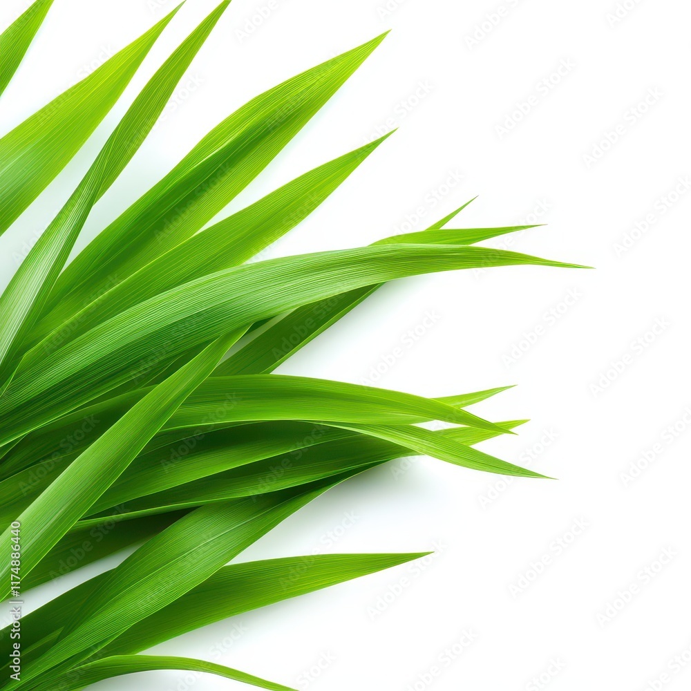 Single Fresh Blade of Grass Positioned Diagonally on White Background Single Fresh Blade of Grass Positioned Diagonally on White Background